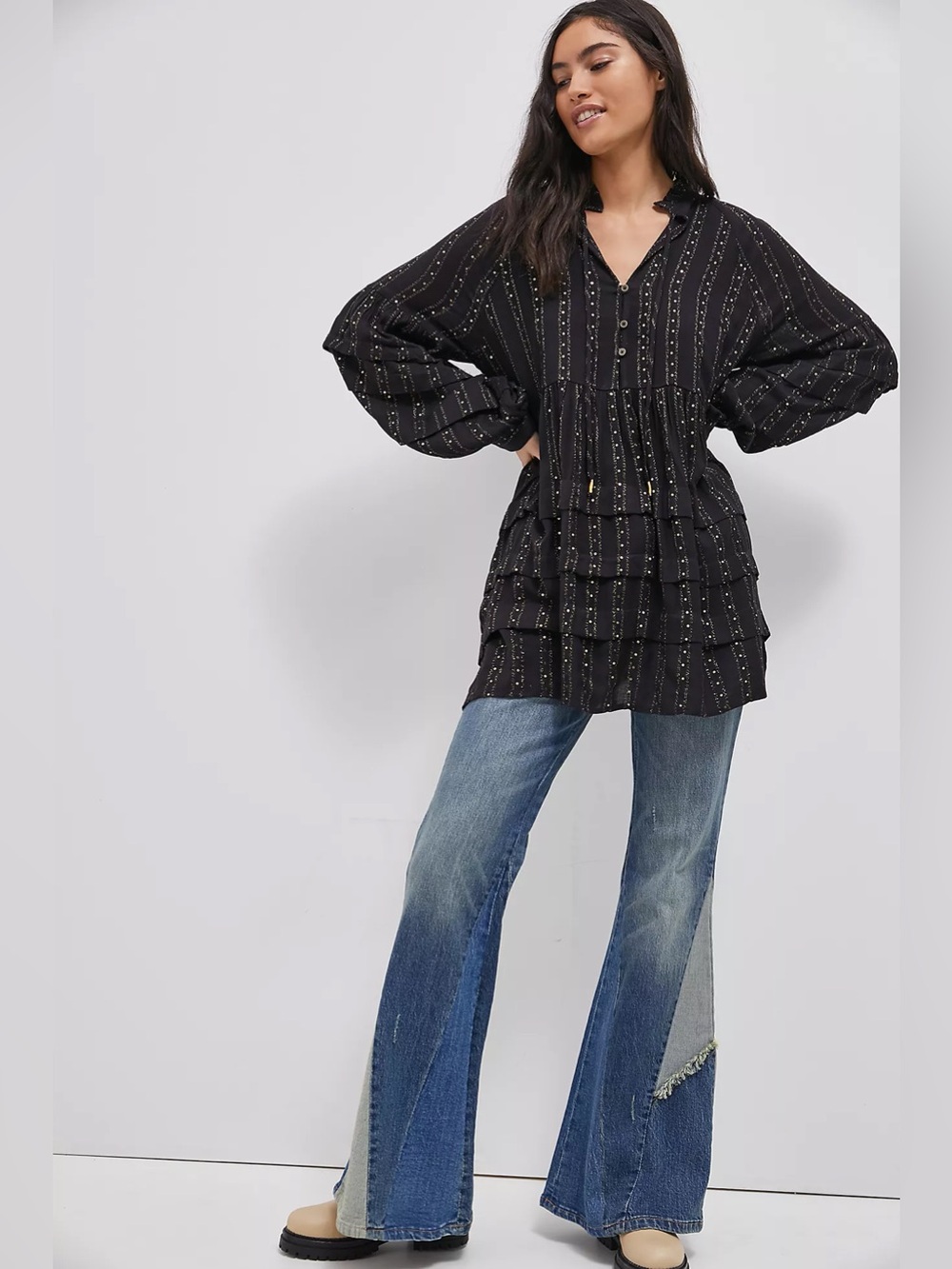 Anthropologie Quinn Sequin Top with Layers and Tiered Balloon Sleeves